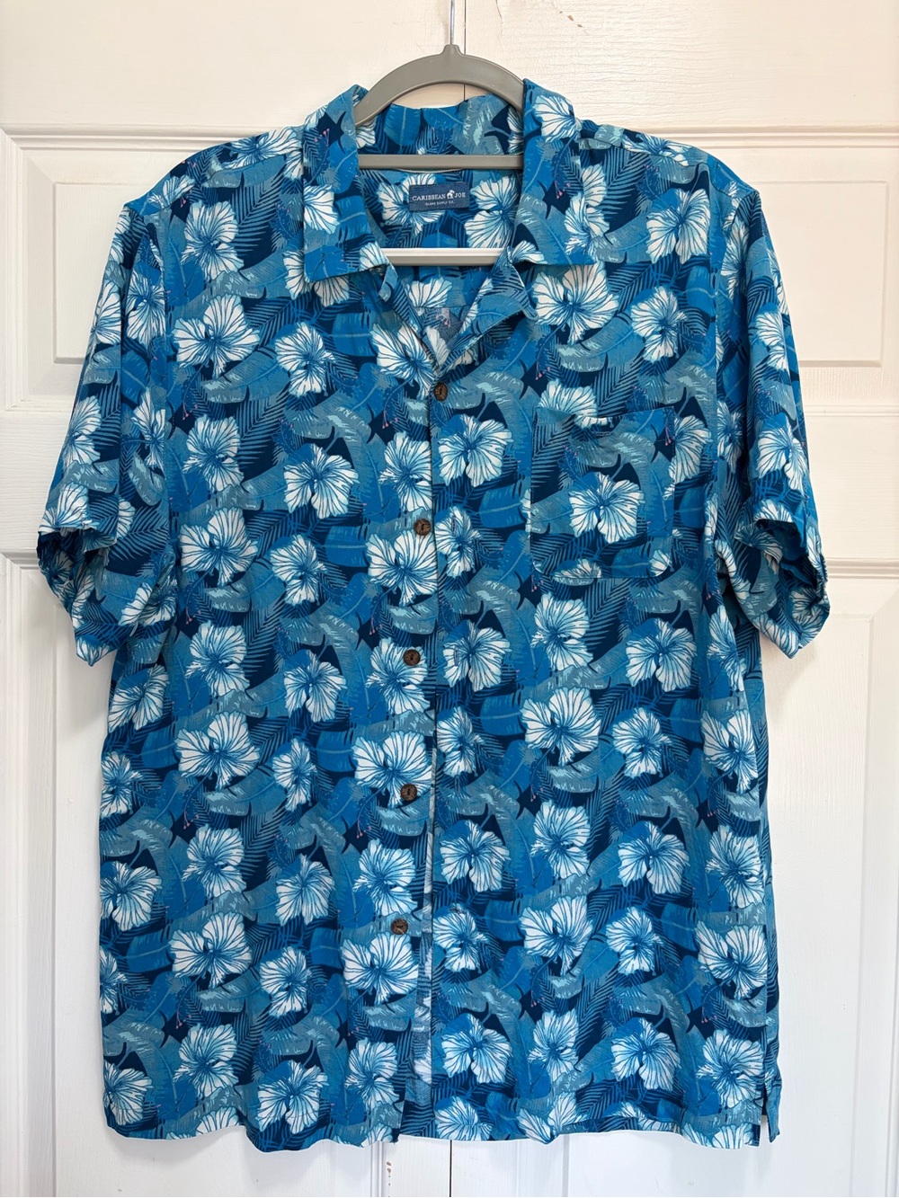 Caribbean Joe Blue & White Tropical Floral Short-Sleeve Shirt VISCOSE M COASTAL